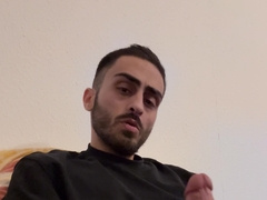 Fur covered boy tugging off XXL trunk