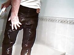 Wet jeans shower and cum