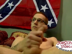 Nerdy dude with glasses jerking off his action starving cock