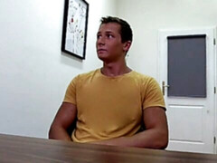 Muscular guy jerking his stiff penis in an audition vid