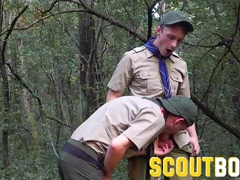 Adorable younger scout observes then attempts out senior scout's stiffy