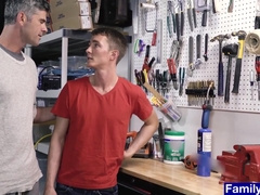 Older stepparent pokes his sonny on a workbench condom-free
