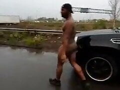 Naked in public jerking off for passing truckers