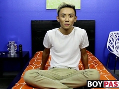 Asian twink strips naked and masturbates after an interview