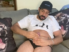 Incredible cumshot from a hung, hairy bear - he jerks off until he covers everything in hot cum