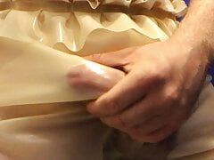 Public restroom cumming with LATEX pants and gloves