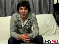 Interviewed cock guzzler plays with his big dick and cums