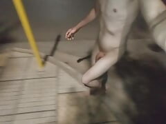 Tiny dick boy walking naked on the street almost caught