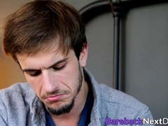 Masseur feels his buddies legs and cock before bareback