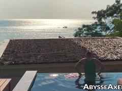 Flexing cursed hole and nipple playing in the pool by sexy Axel Abysse