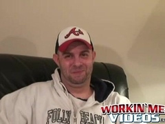 Hot jock masturbates his cock and sprays cum after interview