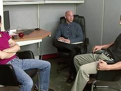 Young gay assistant has a threesome with his office managers