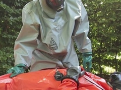 Second part of rubber suit chemical hazmat adventure with unexperienced middle-aged gay men