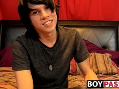 Young man tugs on his cock vigorously after kinky interview