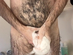 Thin white boy washing my highly wooly schlong, nutsack, and backside in the douche