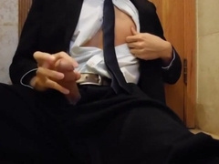 Bareback Student in the WC Takes a Cum Handjob