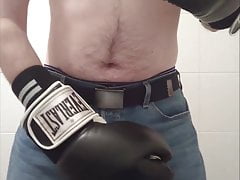 Boxer in Levis gets fleshed and cums on his glove