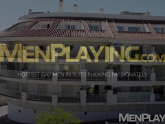 Suited hunk Allen King has his tight ass barebacked by Drew Valentino