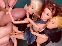 Men using sex toys for masturbation with explosive cumshots on Barbie