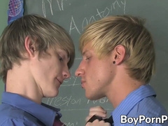 Twunks make out and then perform rear end in college classroom