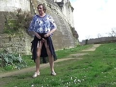 crossdresser sounding in garter belt next to the church 59