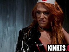 Trans Aspen Brooks bounces tits while fucking hairy submissive DJ