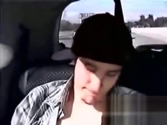 teen 18+ boy jerking in a car on highway, cums and smiles