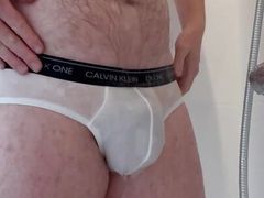 Taking a shower in my white panties and wanking my big ginger cock