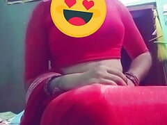 Indian Gay Crossdresser in Red Saree xxx playing with her boobs and doing sex