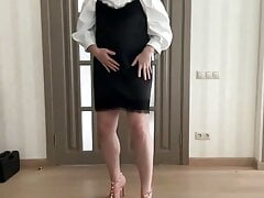 Short black silk satin dress lingerie style, high heels and white secretary oversize blouse shirt on tranny crossdresser
