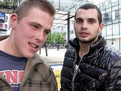 Two dudes with attitudes enjoy a gay threesome here