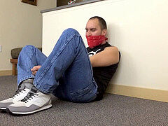 Cleave gagged, gay scruffy guy, sweating