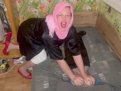 Second part of hijab princess's foot worship, sexy dance, blowjob, and oily handjob