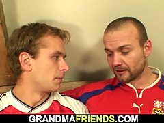 Very old blonde woman pleases two buddy