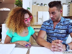 Kendall Woods jerking tutor's cock under the table