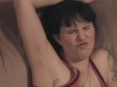 Slim teen with big tits gets pounded from behind on the couch
