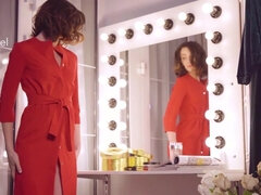 Sultry brunette watches herself in the mirror as she masturbates