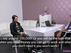 Nervous Brunette Relaxes Around Lesbie Agent's Wet Pussy