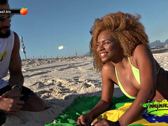 Naughty brunette seduced by actor on deserted beach!