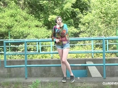 Skinny blonde teen pleasuring herself outdoors