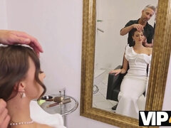 Isabella de Laa, the sexy bride, gets seduced by her hair dresser for a quick fuck in the wedding dress
