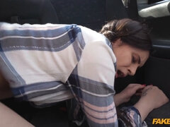 Watch this skinny pigtailed cutie get pounded hard in fake taxi and sprayed with jizz