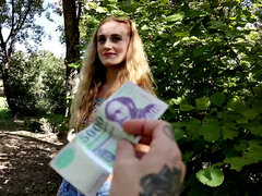 Hungarian hottie with small tits and bald pussy takes on a massive cock in park