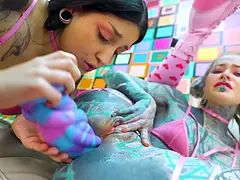 Sensual Girl Girl Anal Session with Big Dildo and Fingering