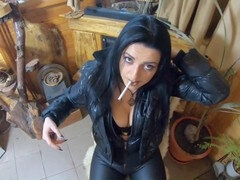 A load of cum on my black down jacket and leather leggings - MilfyCalla teases in high heels