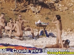 Chica, Playa, Tetona, Divertido, Sexo duro, Desnudo, Público, Montar