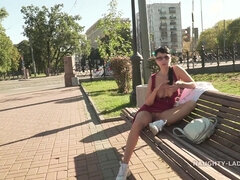 Russian brunette Lada Flashing Outdoors on Bench - Big natural tits