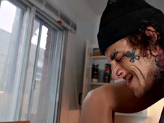 Dominant pissing jock bareback fucks studs ass in the kitchen