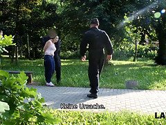Sofia Lee gets her big boobs smashed while stealing wallets in park