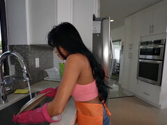 Deepthroat Asia maid assfucked by bigcock after deep sucking